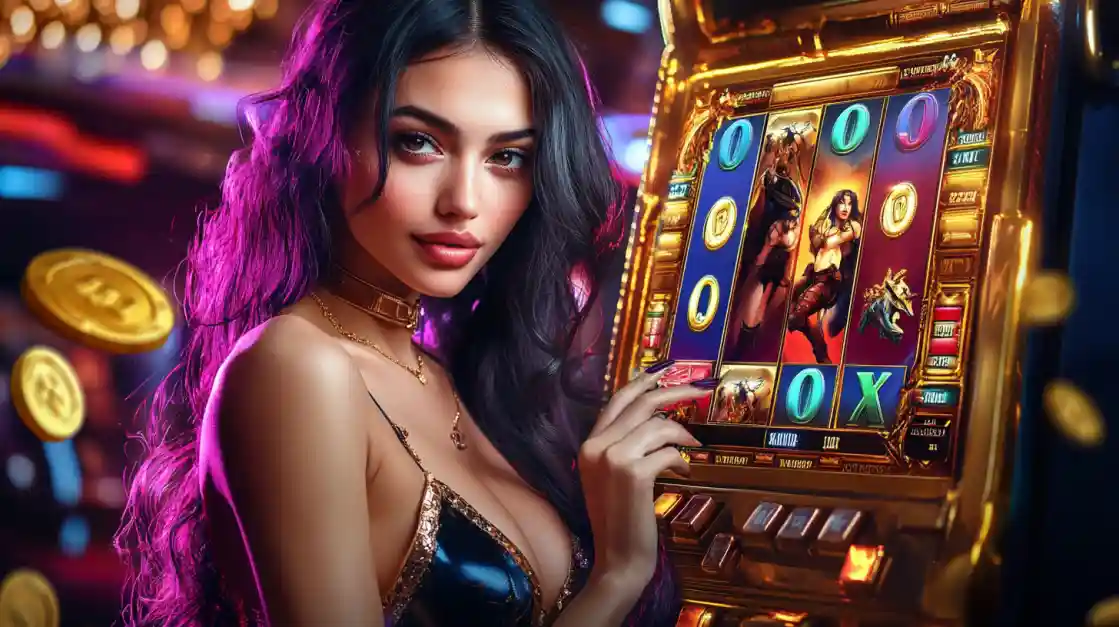 একটি স্লট মেশিনের পাশে দাঁড়িয়ে থাকা একজন প্লেয়ার।